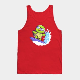 Cute Turtle Surfing In Sea Cartoon Tank Top